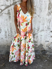 Women's Maxi Dress with V-Neck and Leaf Print