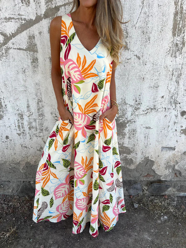 Women's Maxi Dress with V-Neck and Leaf Print