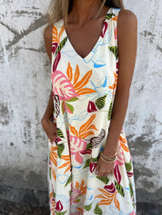 Women's Maxi Dress with V-Neck and Leaf Print