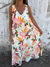 Women's Maxi Dress with V-Neck and Leaf Print
