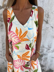 Women's Maxi Dress with V-Neck and Leaf Print