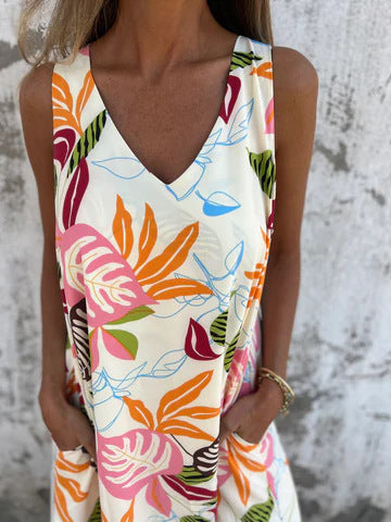 Women's Maxi Dress with V-Neck and Leaf Print