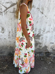 Women's Maxi Dress with V-Neck and Leaf Print
