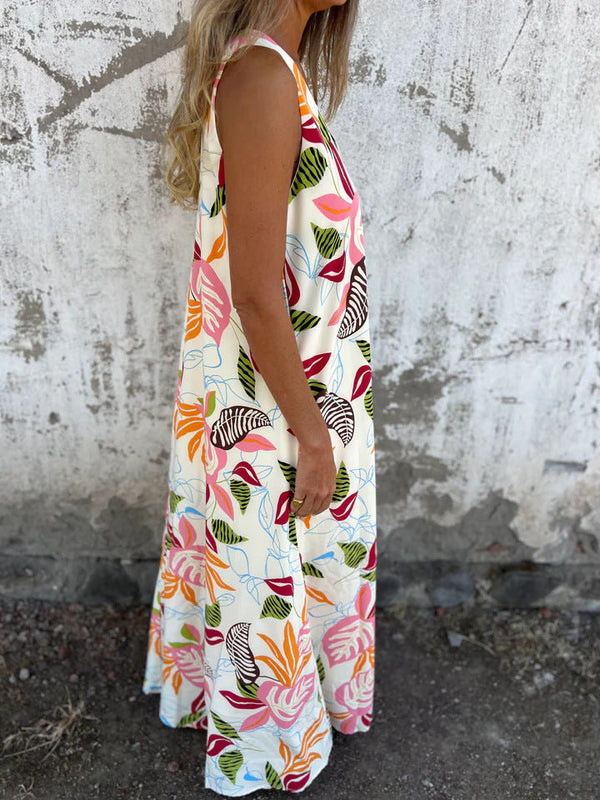 Women's Maxi Dress with V-Neck and Leaf Print