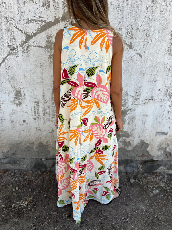 Women's Maxi Dress with V-Neck and Leaf Print