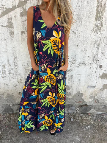 Women's Maxi Dress with V-Neck and Leaf Print
