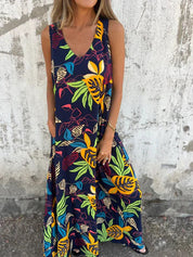 Women's Maxi Dress with V-Neck and Leaf Print
