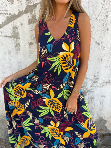 Women's Maxi Dress with V-Neck and Leaf Print