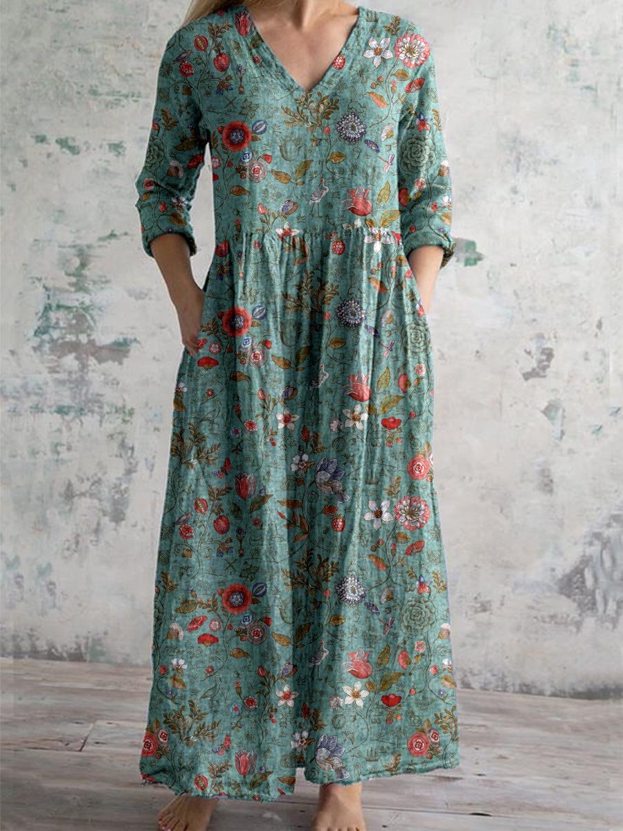 Women's Maxi Dress with V-Neck and Side Pockets