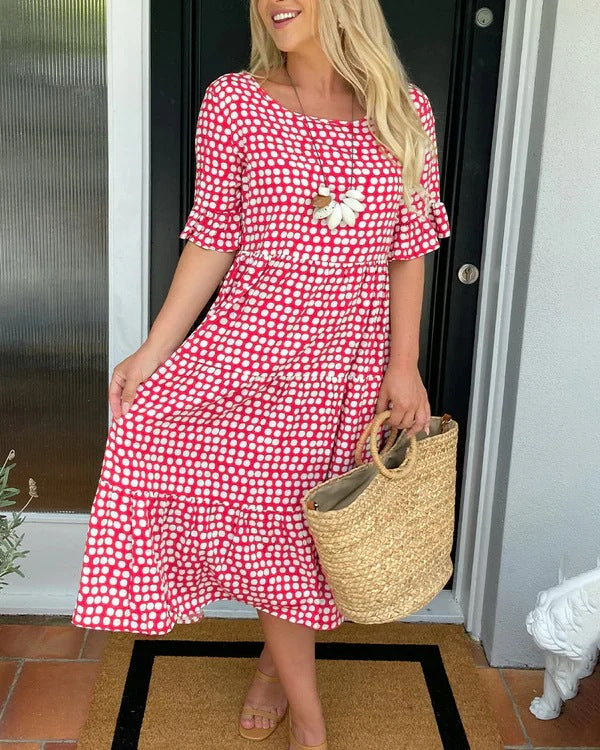 Women's Midi Dress with Polka Dot Pattern and Ruffles
