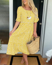 Women's Midi Dress with Polka Dot Pattern and Ruffles