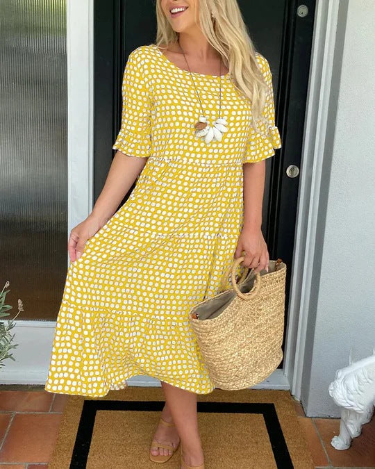Women's Midi Dress with Polka Dot Pattern and Ruffles
