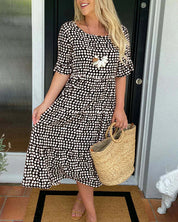 Women's Midi Dress with Polka Dot Pattern and Ruffles