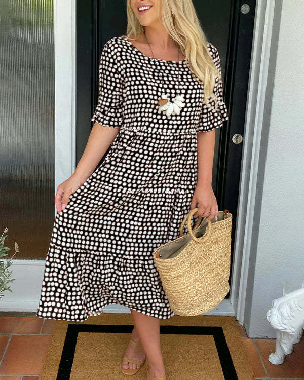 Women's Midi Dress with Polka Dot Pattern and Ruffles