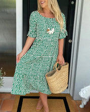 Women's Midi Dress with Polka Dot Pattern and Ruffles