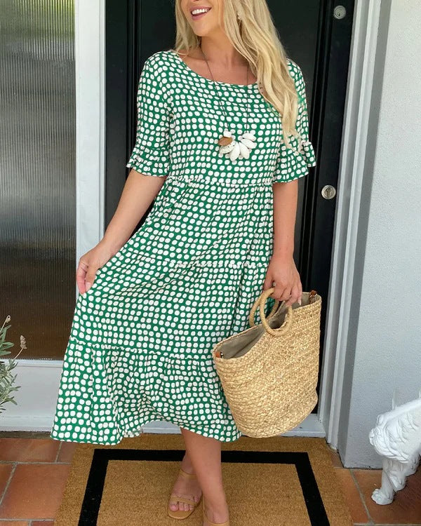 Women's Midi Dress with Polka Dot Pattern and Ruffles