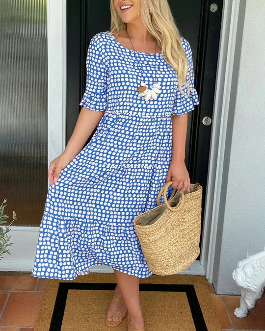 Women's Midi Dress with Polka Dot Pattern and Ruffles