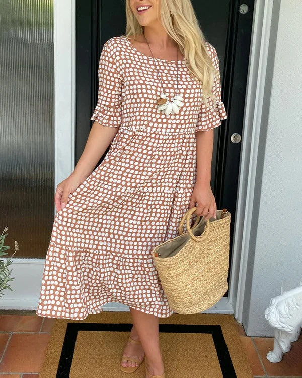 Women's Midi Dress with Polka Dot Pattern and Ruffles