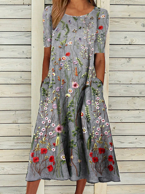 Women's Midi Dress with Round Neck and Floral Print