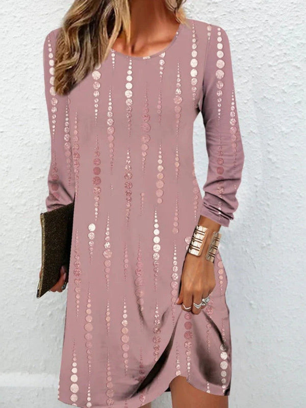 Women's Midi Dress with Round Neck and Polka Dot Pattern