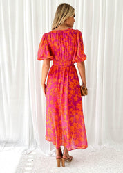 Women's V-Neck Puff Sleeve Midi Dress
