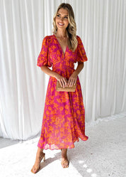 Women's V-Neck Puff Sleeve Midi Dress