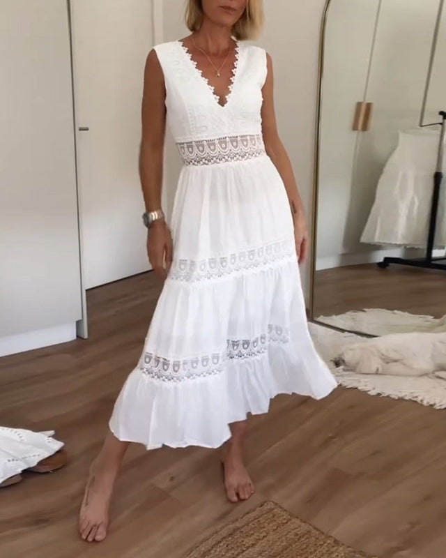 Women's Midi Dress with V-Neck and Lace Trim