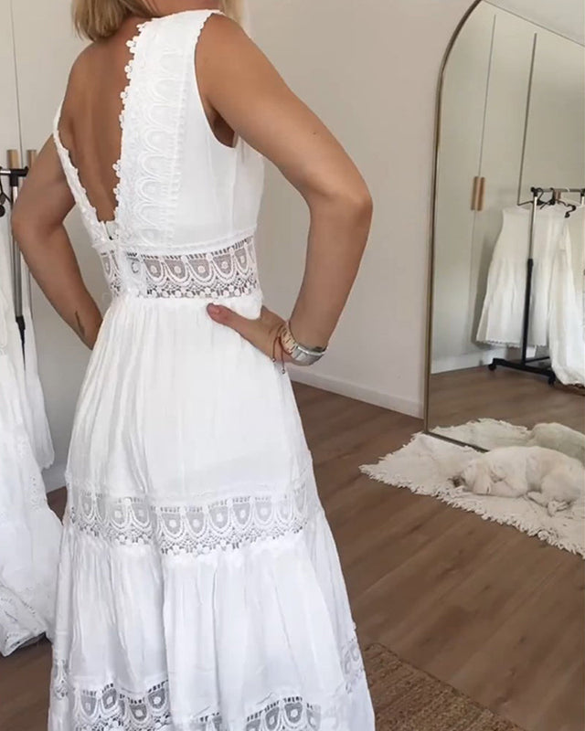 Women's Midi Dress with V-Neck and Lace Trim