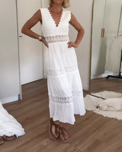 Women's Midi Dress with V-Neck and Lace Trim