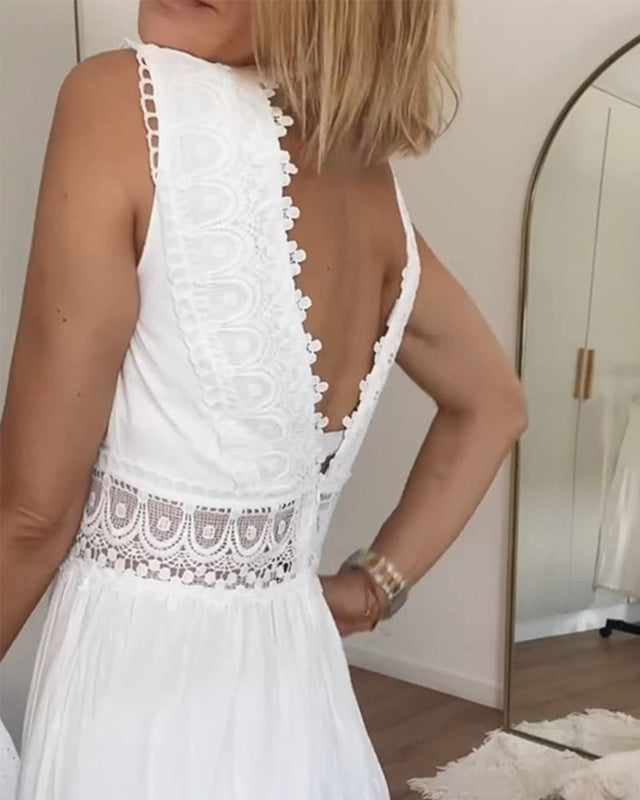 Women's Midi Dress with V-Neck and Lace Trim