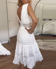 Women's Midi Dress with V-Neck and Lace Trim