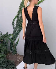 Women's Midi Dress with V-Neck and Lace Trim