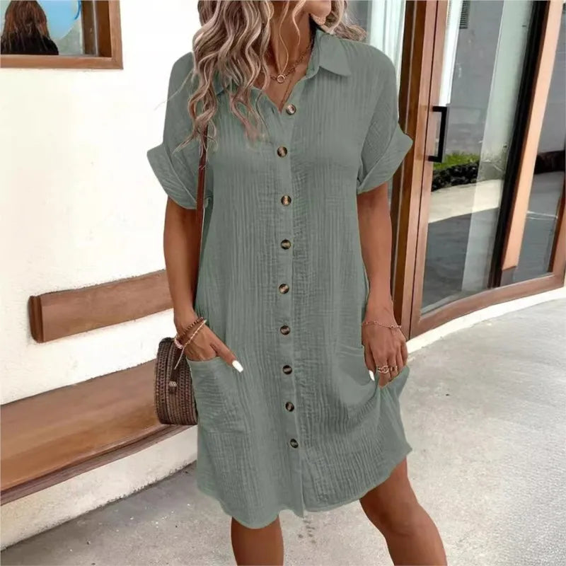 Women's summer dress with turn-down collar and loose fit