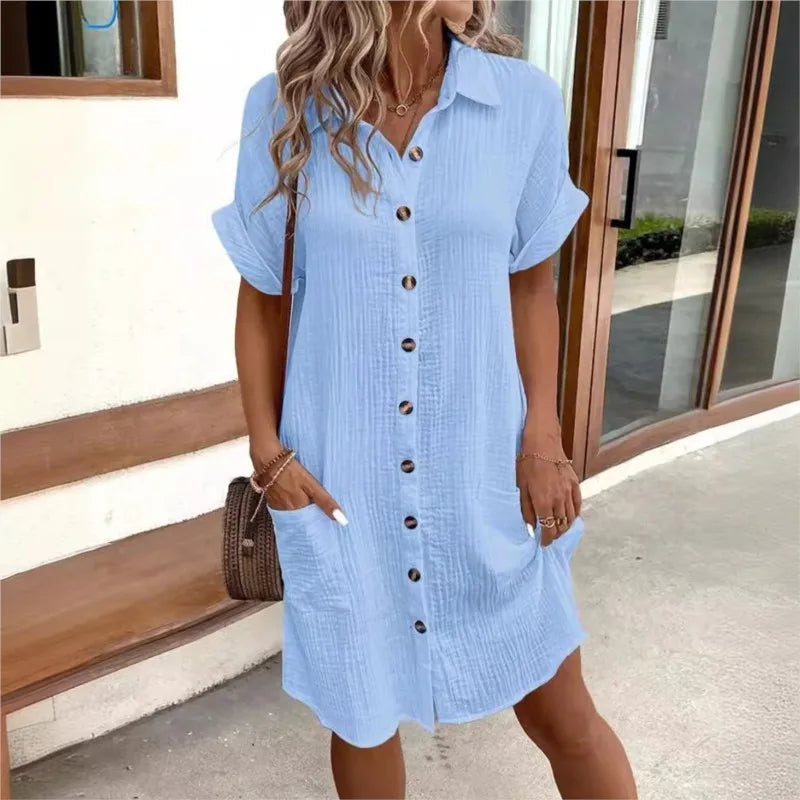 Women's summer dress with turn-down collar and loose fit