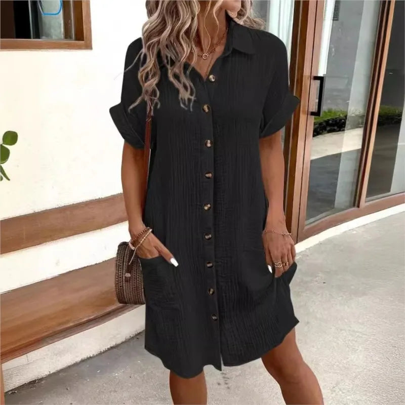 Women's summer dress with turn-down collar and loose fit