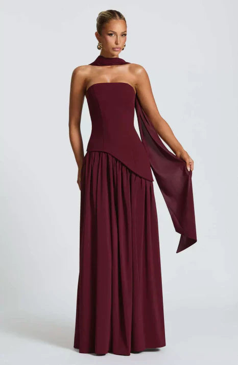 Women's strapless maxi dress with scarf and long skirt