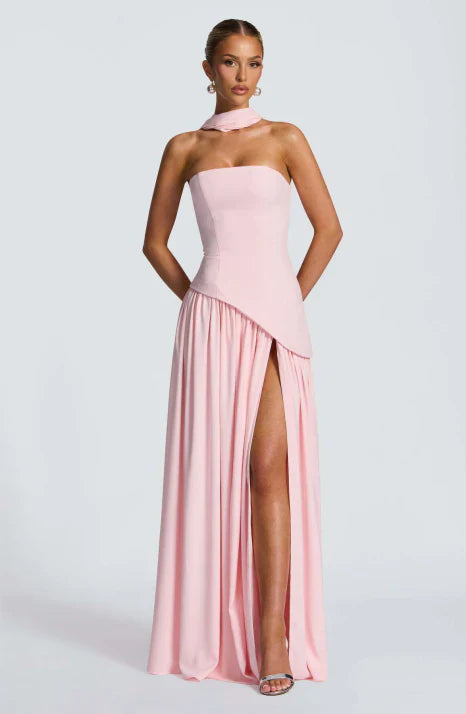Women's strapless maxi dress with scarf and long skirt