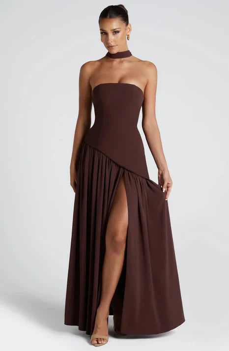 Women's strapless maxi dress with scarf and long skirt
