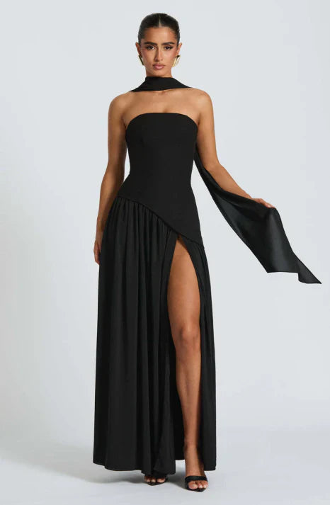 Women's strapless maxi dress with scarf and long skirt