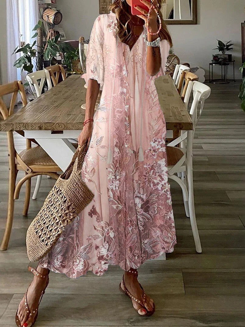 Women's dress with V-neck and floral lace-look print