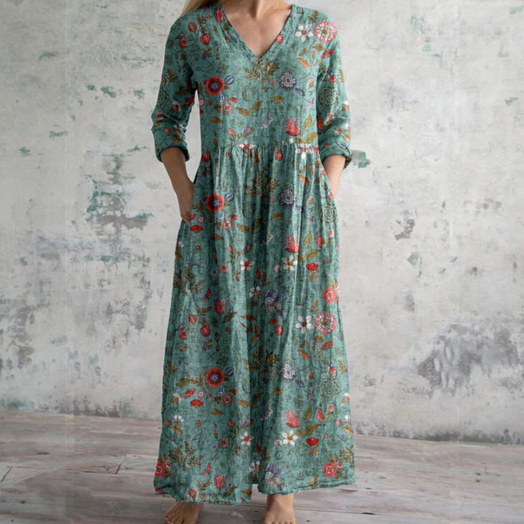 Women's dress with V-neck and topstitched hem