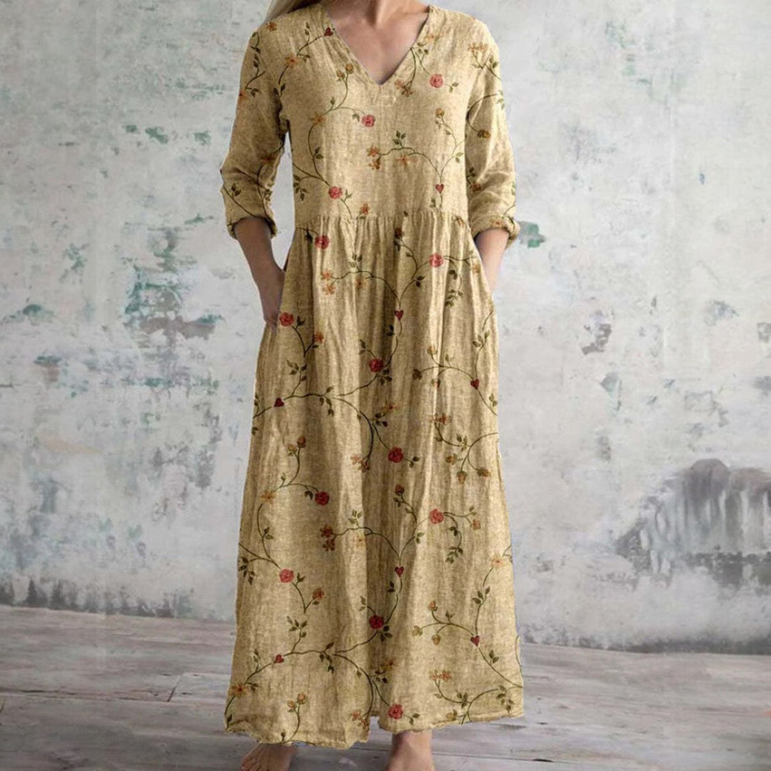 Women's dress with V-neck and topstitched hem