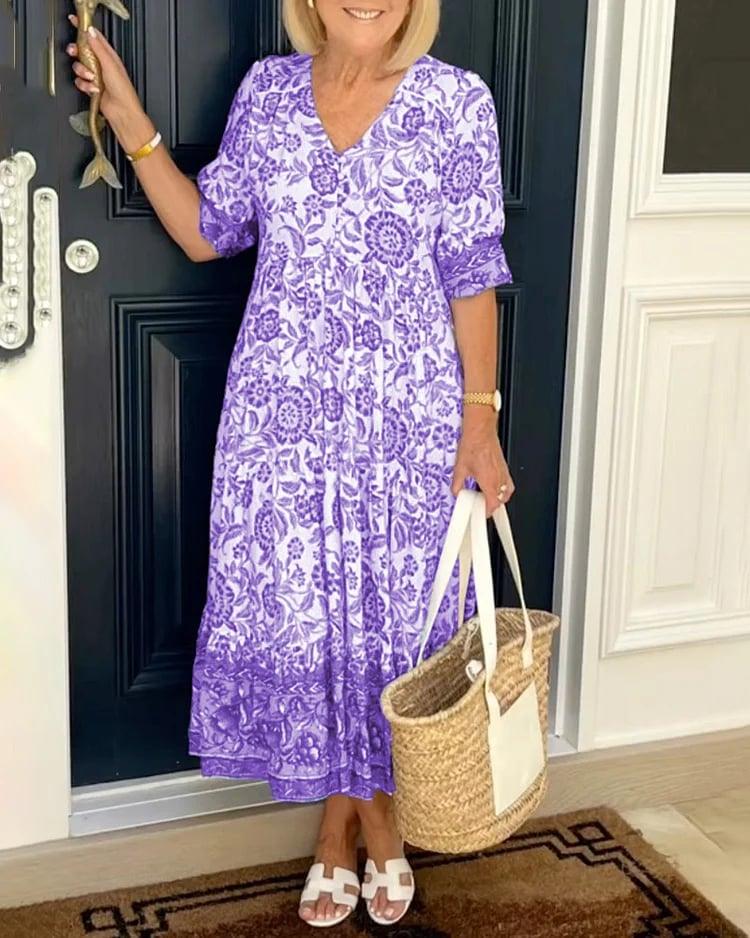 Women's dress with V-neck and elasticated waistband