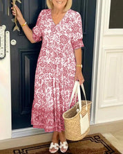 Women's dress with V-neck and elasticated waistband