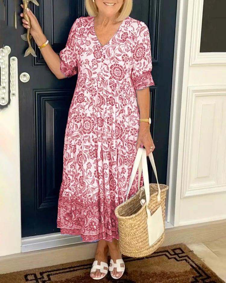 Women's dress with V-neck and elasticated waistband
