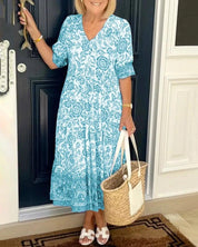 Women's dress with V-neck and elasticated waistband