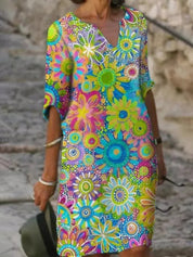Women's dress with V-neck and short sleeves