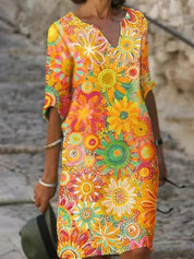 Women's dress with V-neck and short sleeves