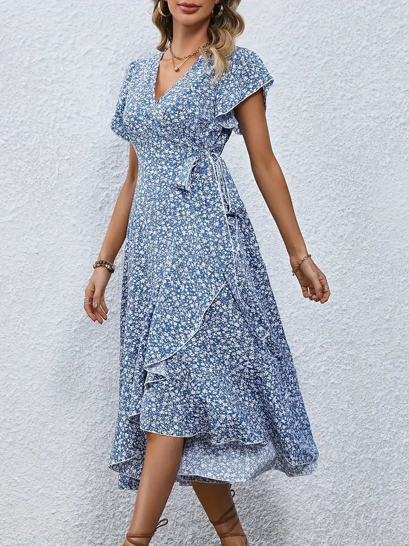 Women's dress with wrap closure and tie belt