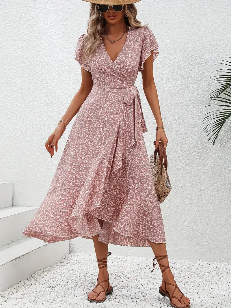 Women's dress with wrap closure and tie belt